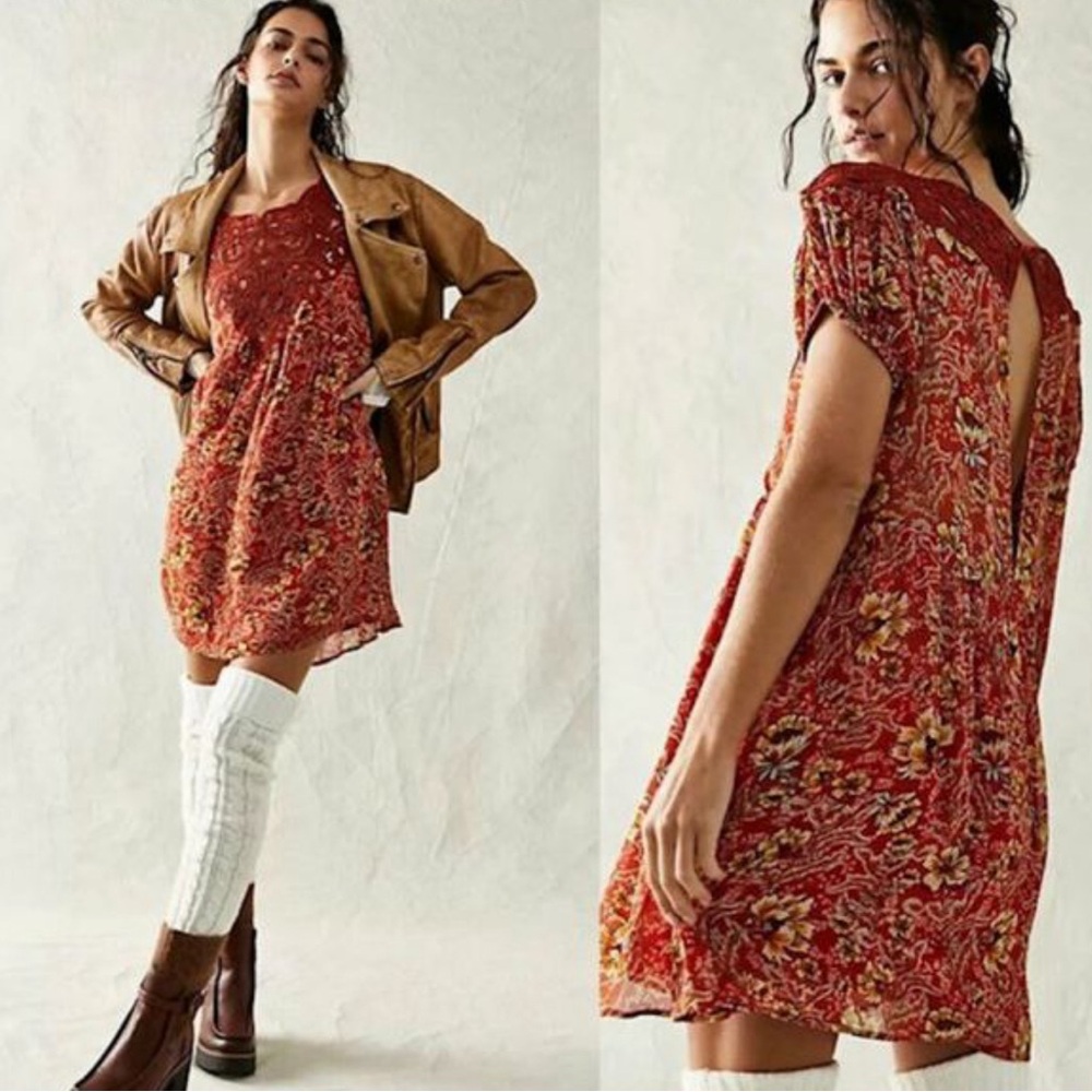 NWT Free People Margot Terracotta Floral Dress with Crochet Details Lined